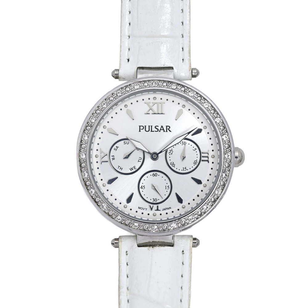 Pulsar Diamond Bezel White Leather Ladies Watch 38mm